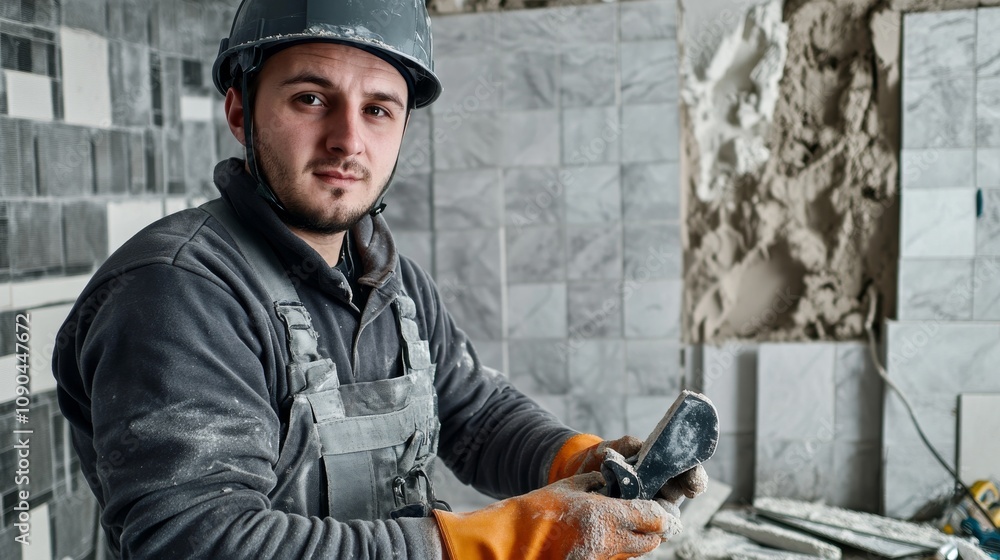 Poster A tiler in a grey work uniform and safety helmet, holding a tile cutter and looking directly at the camera, with a backdrop of a tiled floor in progress and adhesive tools
