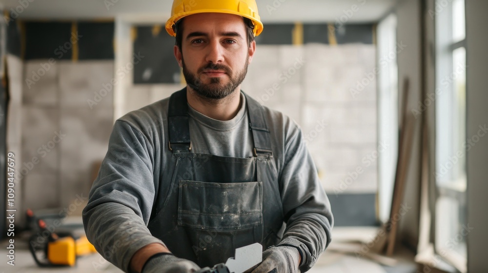 Poster a tiler in a grey work uniform and safety helmet, holding a tile cutter and looking directly at the 
