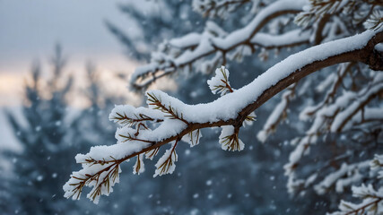 Winter Wonderland Closeup of Frosted Pine Branches in Snowy Forest
