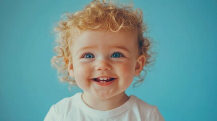 Naklejka premium A smiling baby with curly hair and bright blue eyes against a blue background.