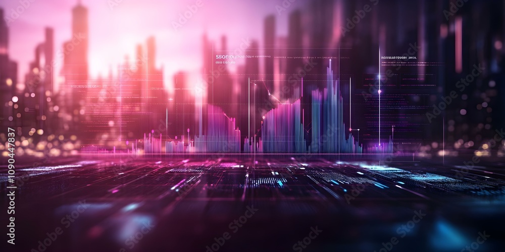 Poster a futuristic cityscape with abstract data visualizations and graphs, showing a blend of technology a