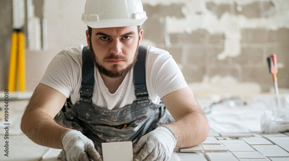 Poster a tiler in a white hard hat and protective gloves, holding a tile cutter and looking seriously at th