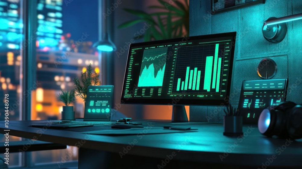 Poster a modern workspace featuring monitors displaying data analytics and graphs.