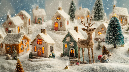 Naklejka premium Snowy village scene with tiny felt houses and a hand-woven reindeer festive and cozy