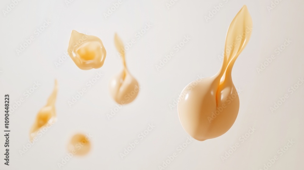 Poster abstract floating blobs resembling cream or sauce against a light background.