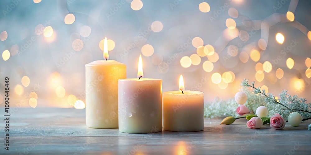 Poster warm and inviting ambiance with a pair of lit candles in soothing colors on a minimalist surface, bo