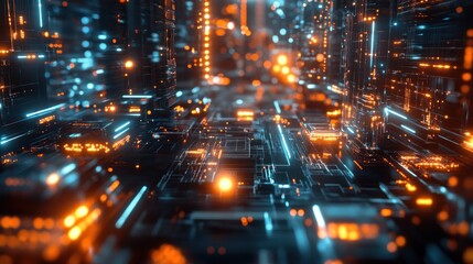 Obraz premium Abstract digital city with glowing lines and circuit boards.