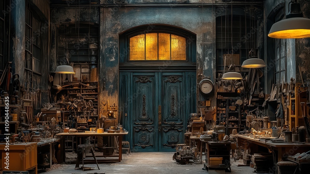 Poster a rustic workshop filled with tools and clutter, featuring a large blue door illuminated by warm lig