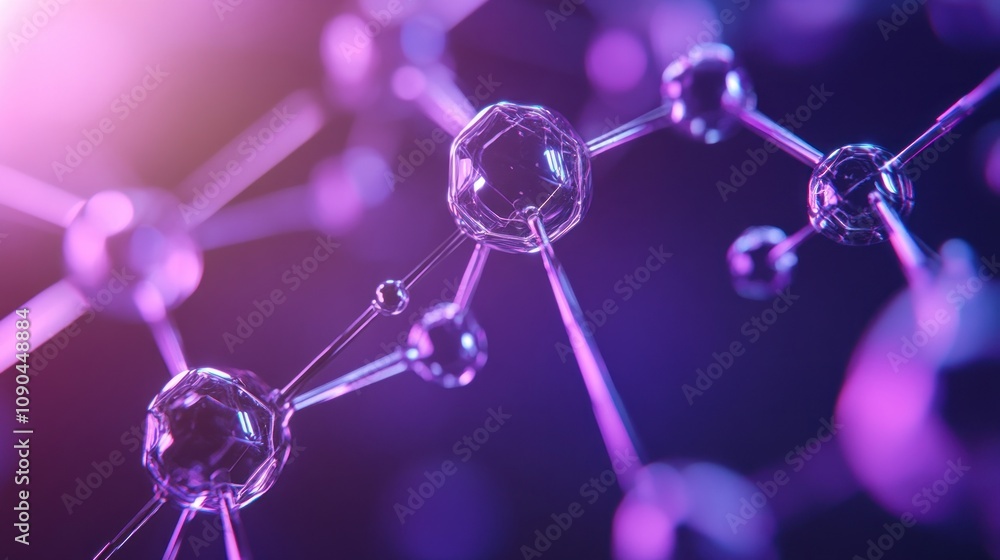 Poster abstract representation of molecular structures with vibrant colors and dynamic lighting.