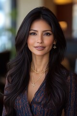 A striking image of a beautiful businesswoman smiling confidently while looking straight at the camera against an office backdrop.