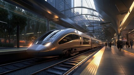 A modern high-speed train waits at a platform in a futuristic train station. The train is sleek and silver, with a sharp nose and large windows. The station is spacious and well-lit, with a glass roof