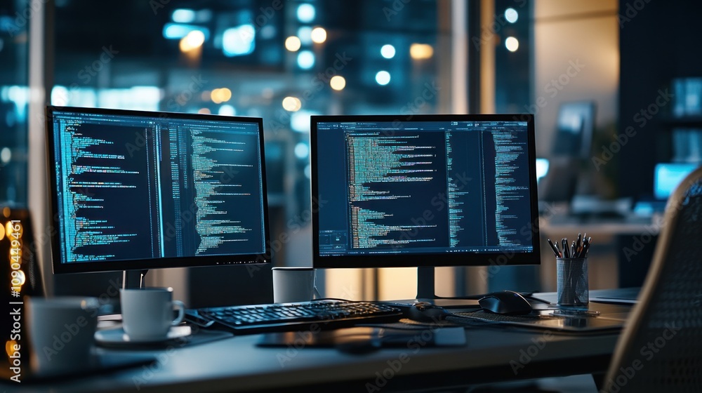 Aufkleber A workspace with dual monitors displaying code, emphasizing programming and technology.