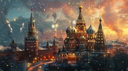 Obraz premium Snowy scene of St. Basil's Cathedral and Kremlin at sunset.