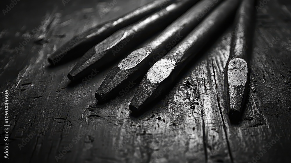 Poster a close-up of several metallic tools arranged on a dark surface, showcasing their pointed tips and t