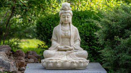 Obraz premium Beautifully Crafted Statue of Chinese Goddess of the Sea in Lush Garden Setting, Perfect for Artistic and Cultural Projects and Inspired Designs