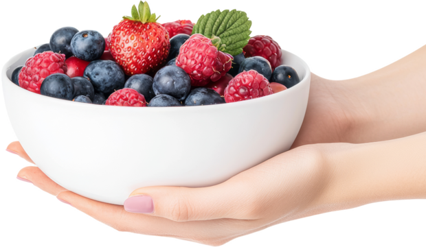 hands holding white bowl of mixed berry 