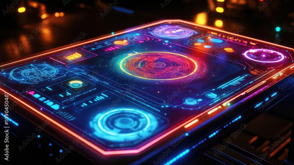 Aufkleber A futuristic holographic interface displaying data and visuals for advanced technology.