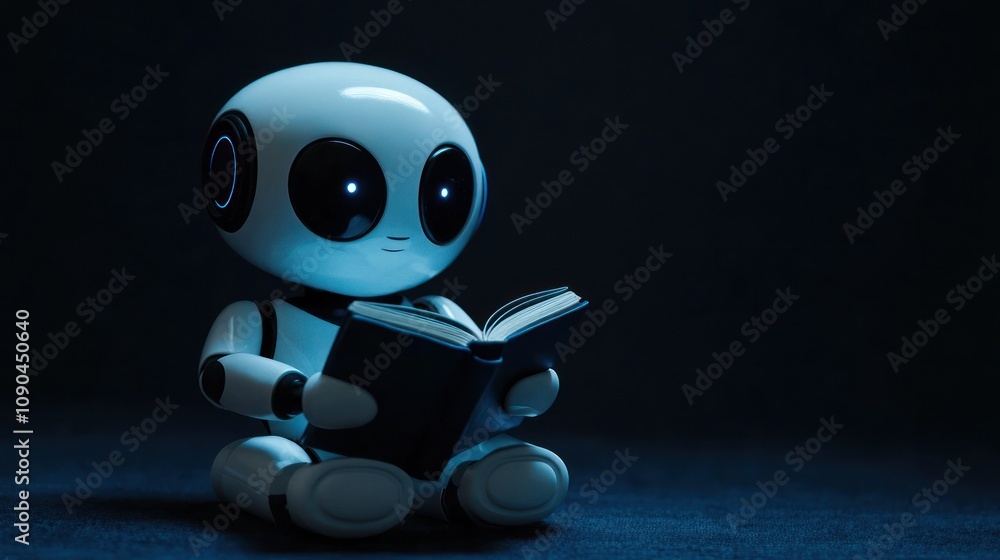 Poster a cute robot reading a book in a dark setting, emphasizing curiosity and learning.