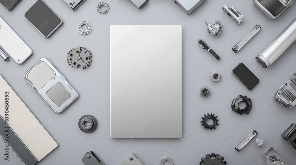 Poster a collection of tech and mechanical components arranged around a blank tablet.