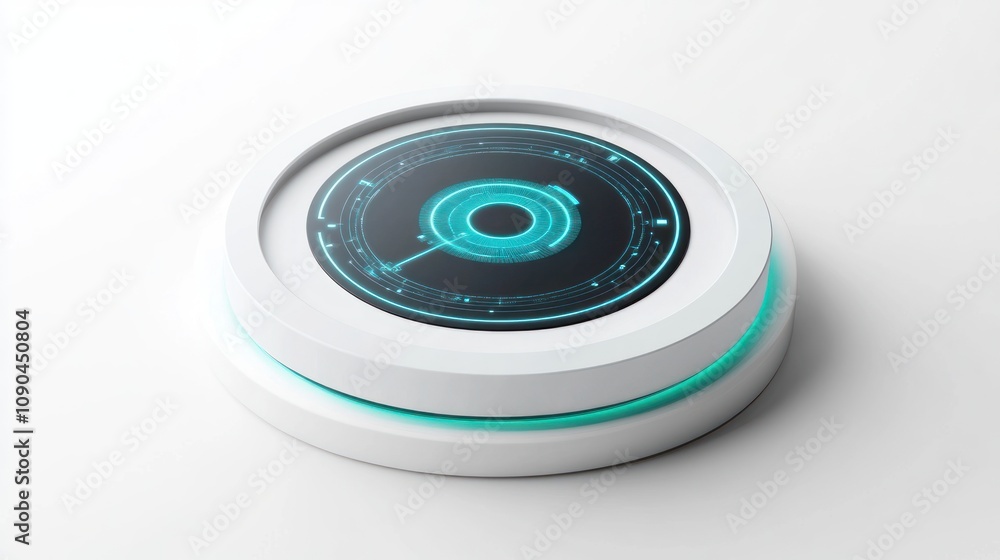 Poster a futuristic circular device with a glowing interface, suggesting advanced technology.
