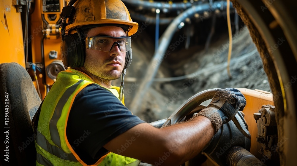 Poster A trenching operator in a reflective vest and helmet, controlling a trenching machine and looking into the camera, with deep trenches and piping around