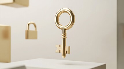 Unlocking Potential - Minimalist 3D Concept with Golden Key and Abstract Locks Symbolizing New Business Opportunities