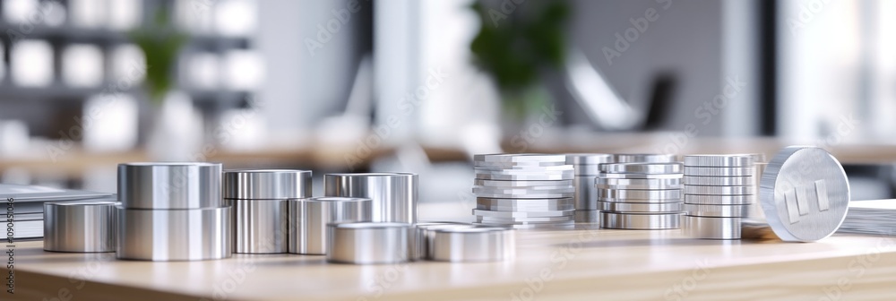 Leinwandbilder a collection of metallic cylindrical objects arranged on a wooden table in a modern setting.