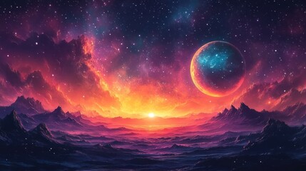 Alien Planet Sunrise Over Mountains And Stars