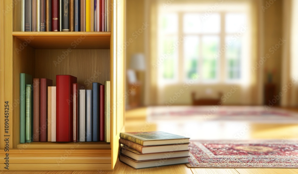 Poster a cozy room with a bookshelf and a stack of books on a wooden floor.
