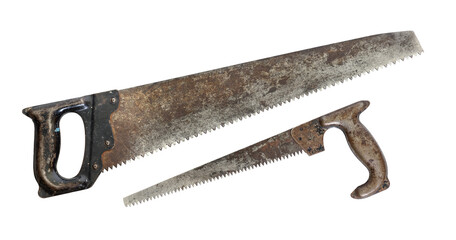 Old rusty dirty saw and hacksaw damaged teeth white background