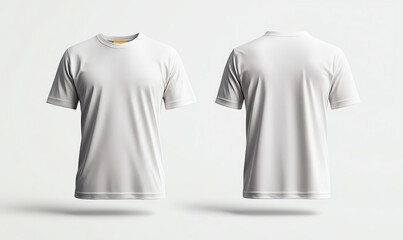 Fototapeta premium A blank white t-shirt shown from the front and back on a simple background. Perfect for mockups, fashion design presentations, or promotional materials showcasing prints and logos.