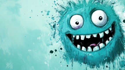 Naklejka premium A whimsical blue monster with large eyes and a toothy grin, painted in a splatter style on a light blue background.