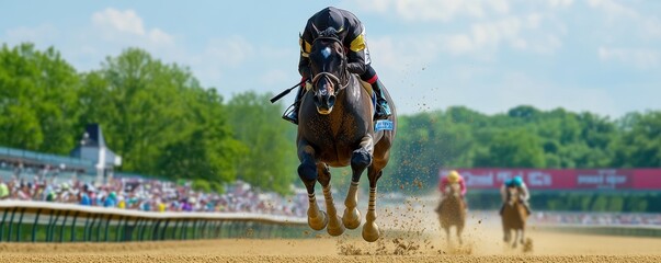 A racehorse galloping on a track with spectators in the background.