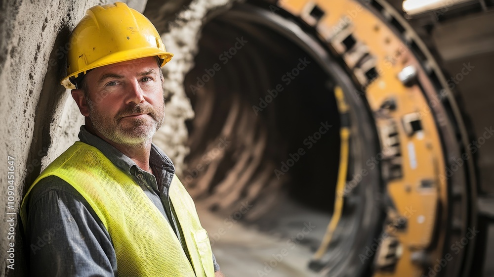 Poster A tunneling engineer in a yellow vest and hard hat, standing next to a tunnel boring machine and looking into the camera, with underground tunnels and excavation equipment behind
