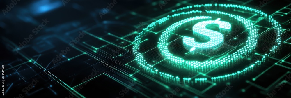 Poster digital representation of currency symbol in a futuristic, tech-inspired design.
