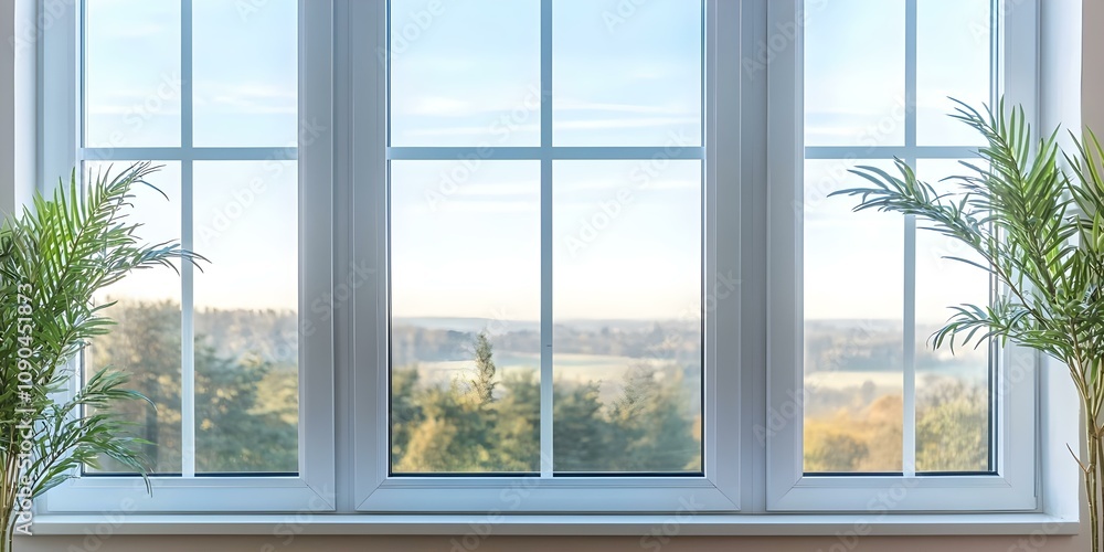 Poster a large window with multiple panes framing a scenic view of trees and landscape outside, with plants