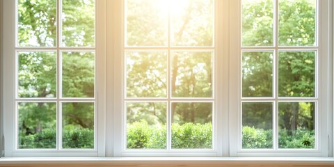 A view through a window showcasing lush greenery and sunlight streaming into a bright, inviting space. Concept Lush Greenery, Natural Light, Inviting Space, Window Views, Serene Atmosphere