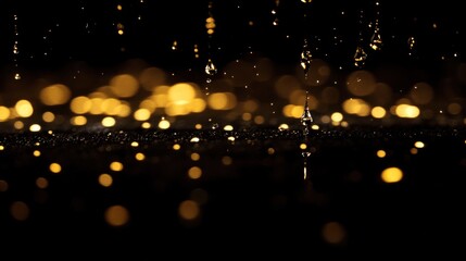 A close-up of shimmering golden droplets against a dark background, creating a magical atmosphere.
