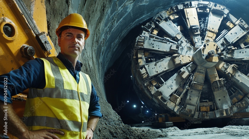Poster a tunneling engineer in a yellow vest and hard hat, standing next to a tunnel boring machine and loo