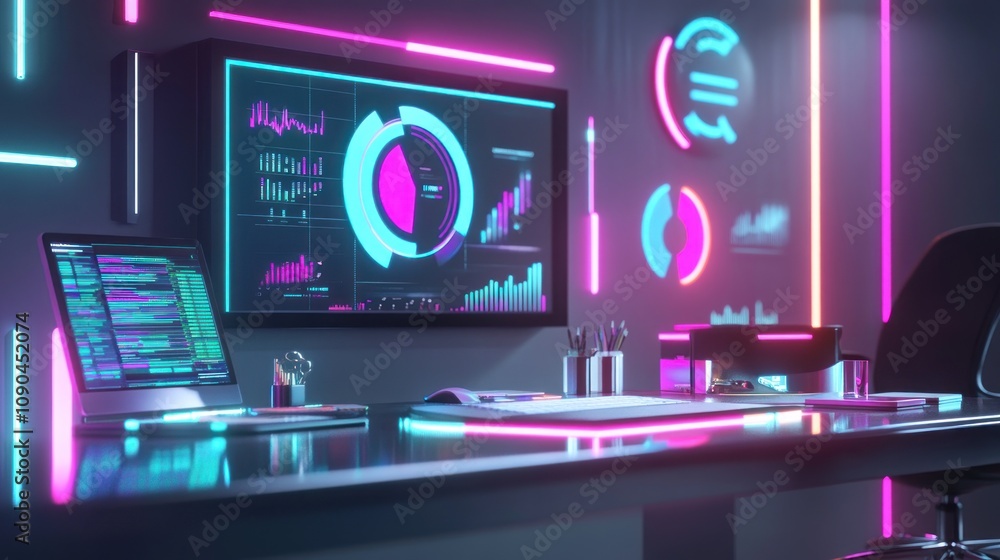 Poster A modern workspace featuring a laptop and a large screen displaying data visualizations.
