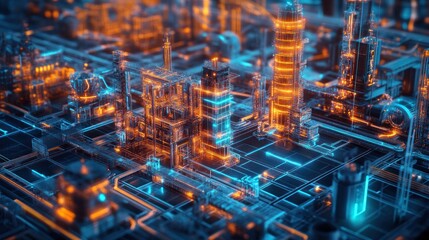 Futuristic cityscape with glowing pipes and towers, abstract digital representation of technology and industry.