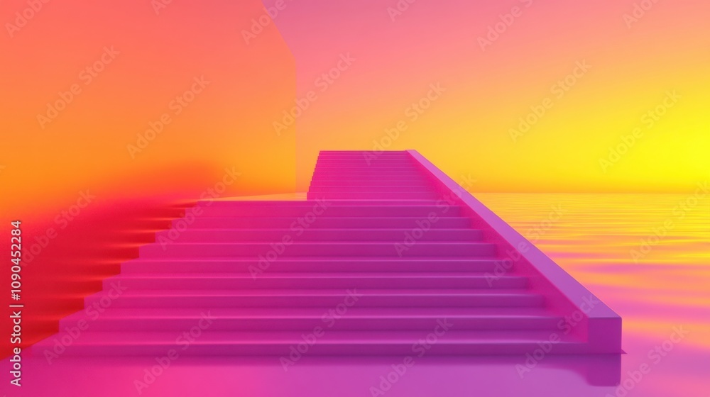 Poster vibrant abstract staircase design surrounded by colorful gradient background and tranquil water surf