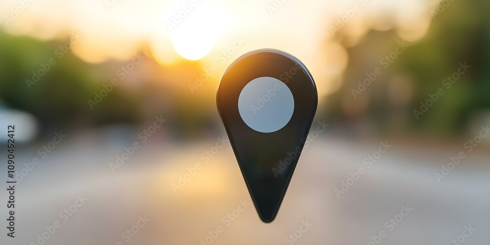 Poster a close-up of a location pin with a blurred sunset background, suggesting navigation or a point of i