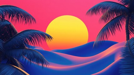 Vibrant Sunset Over Desert Dunes with Palm Trees Silhouetted Against a Colorful Sky in Shades of Pink, Yellow, and Blue, Creating a Dreamlike Atmosphere