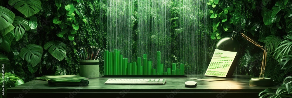 Poster A serene workspace surrounded by lush greenery and a waterfall, emphasizing productivity.