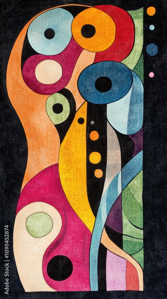 Poster abstract art composition with bold colors and geometric shapes featuring curved lines and circular e