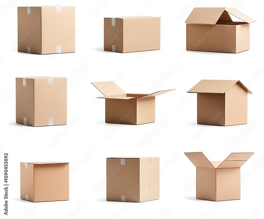 Poster A collection of nine cardboard boxes in various open and closed positions, ideal for showcasing packaging and shipment themes.