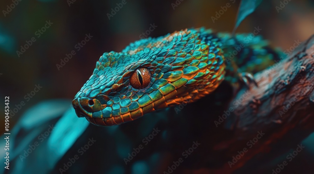 Poster a vibrant snake resting on a branch, showcasing intricate scales and a striking gaze.