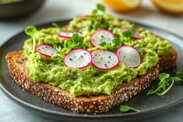 Delicious hass avocado spread on whole grain toast with fresh radish slices for a healthy breakfast
