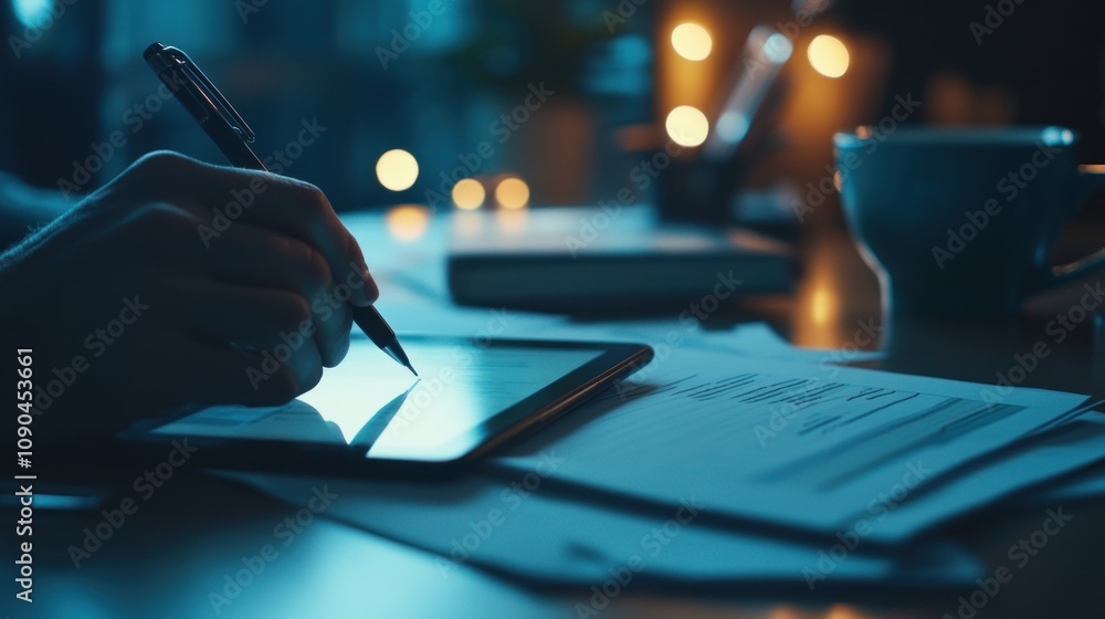 Aufkleber a hand writing on a tablet with papers and a cup in a dimly lit environment.